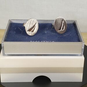 Nautica Sailboat Sailing Sail Boating Cufflinks Logo Brushed Silver Tone w/Box